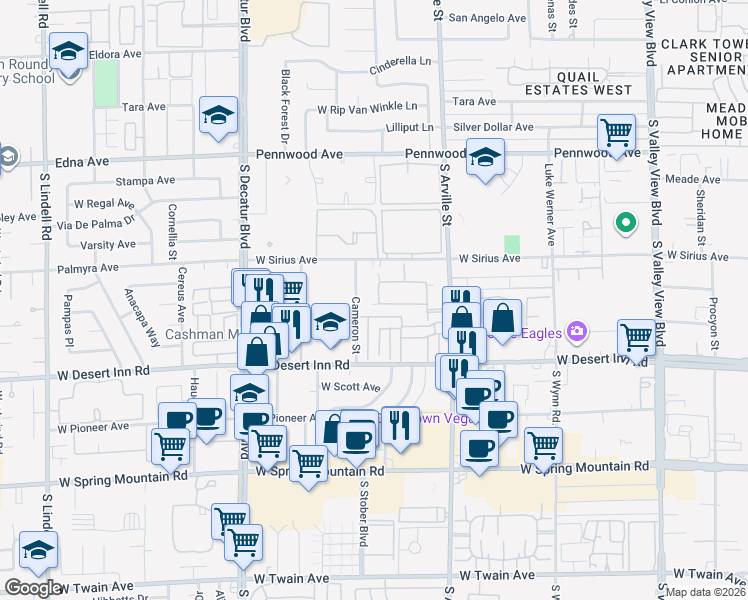 map of restaurants, bars, coffee shops, grocery stores, and more near 3186 Cameron Street in Las Vegas