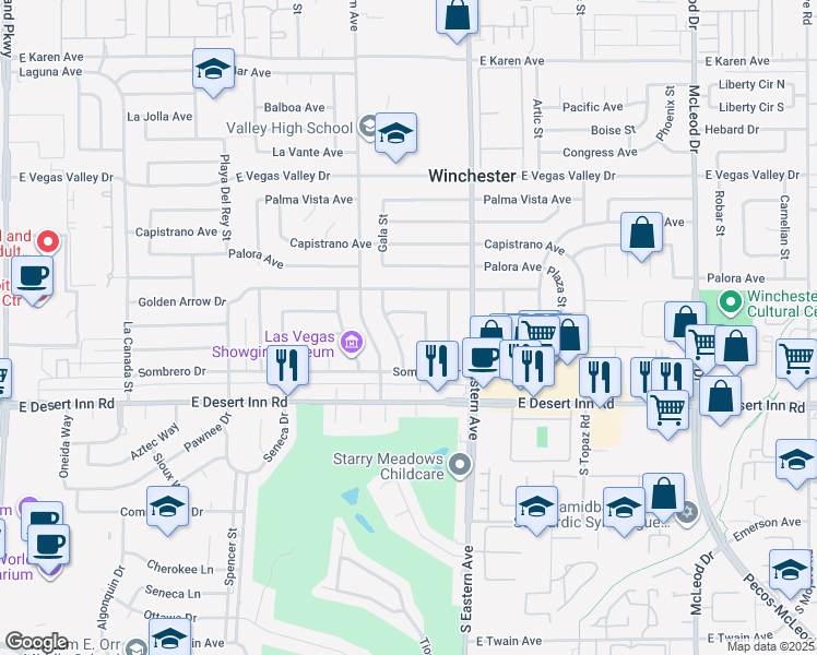 map of restaurants, bars, coffee shops, grocery stores, and more near 3189 Brazos Street in Las Vegas