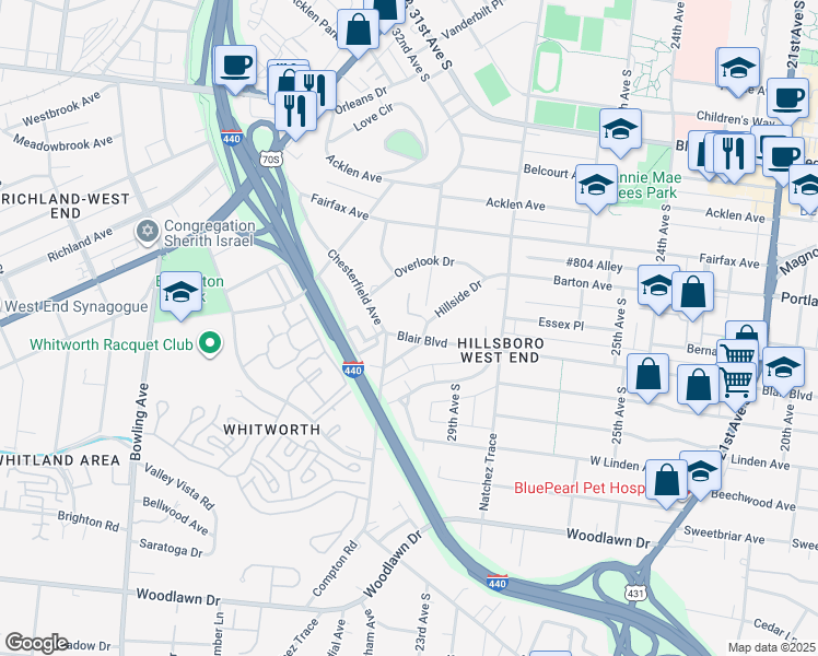 map of restaurants, bars, coffee shops, grocery stores, and more near 3204C Blair Boulevard in Nashville