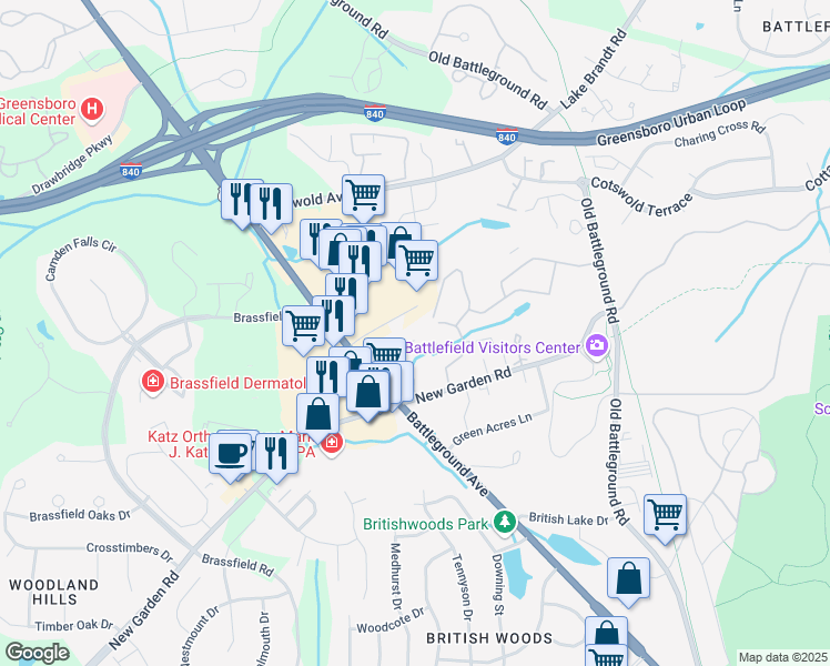 map of restaurants, bars, coffee shops, grocery stores, and more near 3799 Greenes Crossing in Greensboro