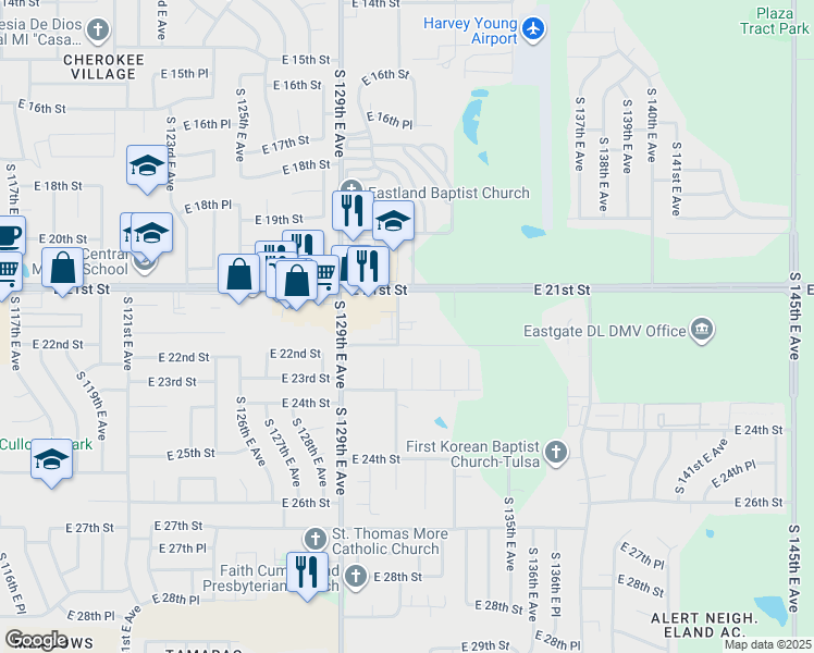 map of restaurants, bars, coffee shops, grocery stores, and more near 2135 South 130th East Avenue in Tulsa