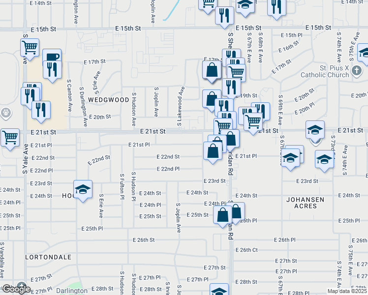 map of restaurants, bars, coffee shops, grocery stores, and more near 5856 East 21st Place in Tulsa