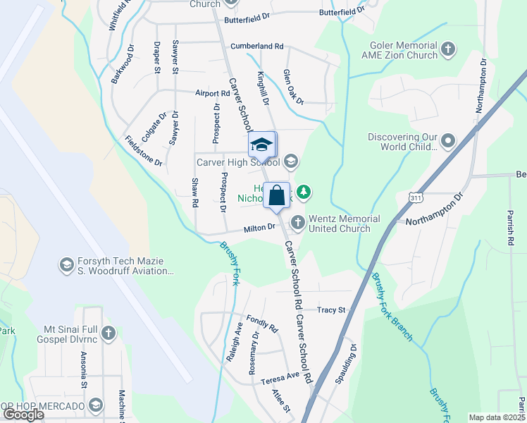 map of restaurants, bars, coffee shops, grocery stores, and more near 3530 Cortland Drive in Winston-Salem
