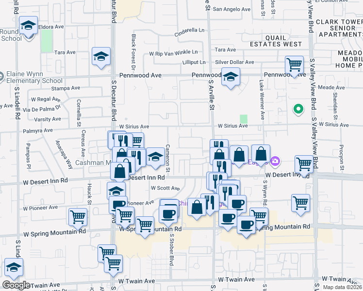 map of restaurants, bars, coffee shops, grocery stores, and more near 3174 Batavia Drive in Las Vegas