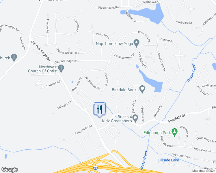 map of restaurants, bars, coffee shops, grocery stores, and more near 3306 Winburn Drive in Greensboro