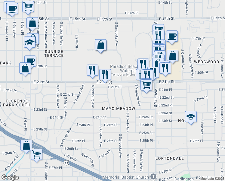 map of restaurants, bars, coffee shops, grocery stores, and more near 2126 South Sandusky Avenue in Tulsa