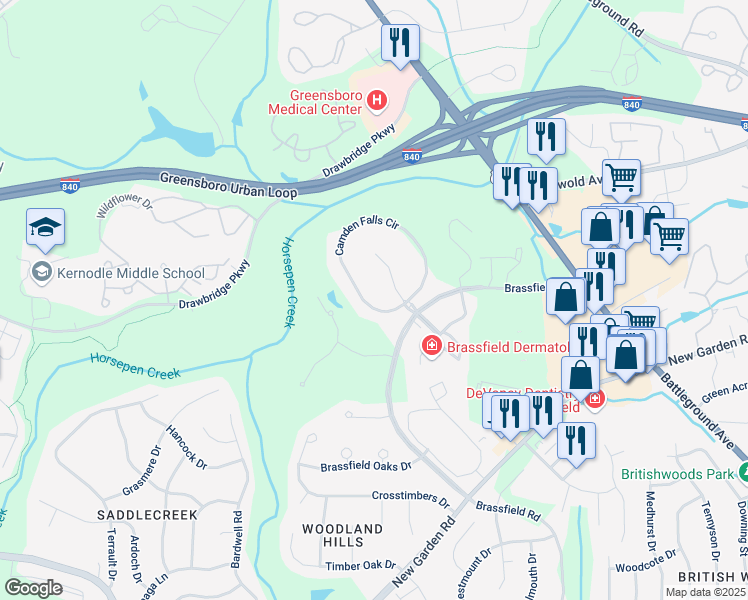 map of restaurants, bars, coffee shops, grocery stores, and more near 3604 Camden Falls Circle in Greensboro
