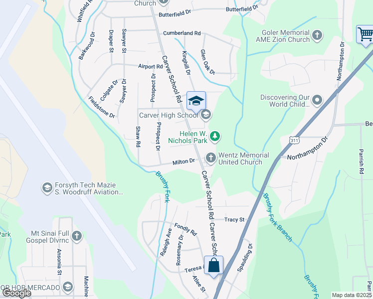 map of restaurants, bars, coffee shops, grocery stores, and more near 3530 Cortland Drive in Winston-Salem