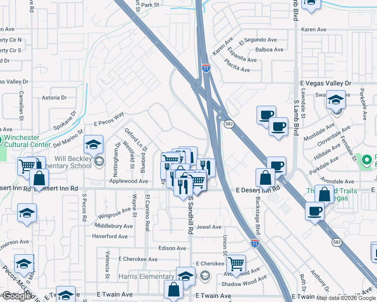 map of restaurants, bars, coffee shops, grocery stores, and more near 3789 Millwood Avenue in Las Vegas