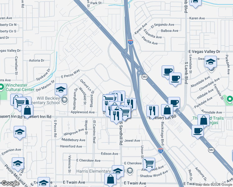 map of restaurants, bars, coffee shops, grocery stores, and more near 3789 Millwood Avenue in Las Vegas