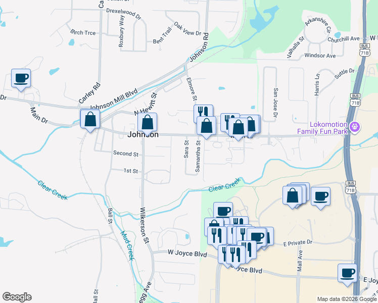 map of restaurants, bars, coffee shops, grocery stores, and more near 5804 Sara Street in Fayetteville