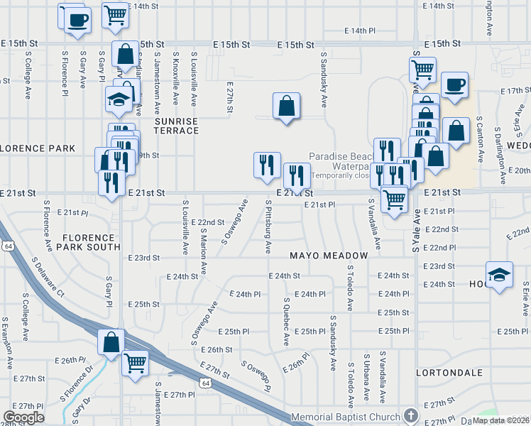 map of restaurants, bars, coffee shops, grocery stores, and more near 4109 East 22nd Street in Tulsa