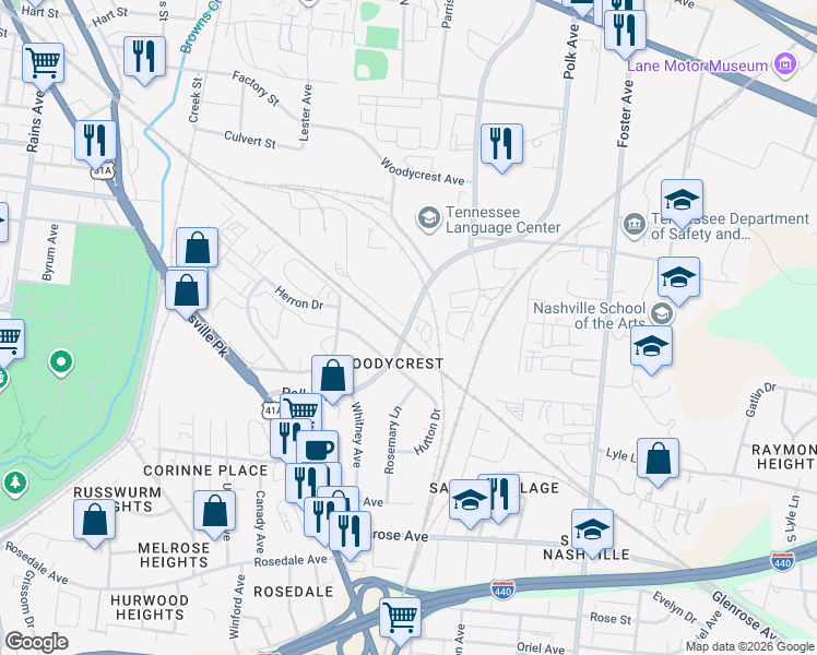 map of restaurants, bars, coffee shops, grocery stores, and more near 222 Polk Avenue in Nashville