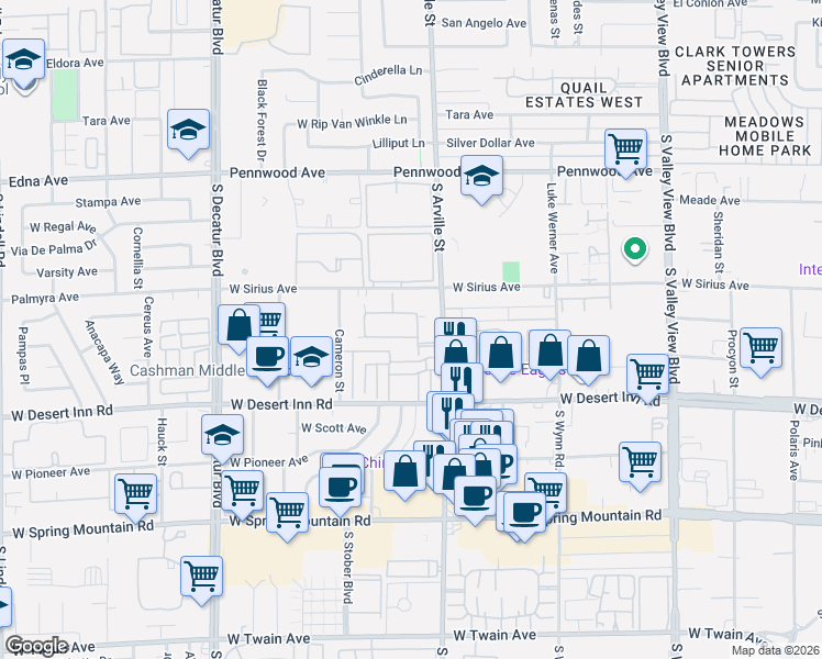 map of restaurants, bars, coffee shops, grocery stores, and more near 4464 Del Oro Drive in Las Vegas