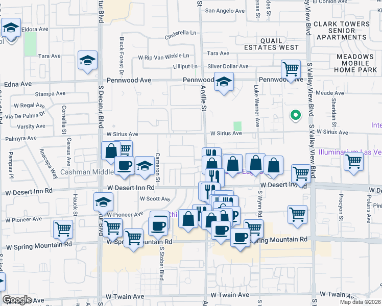 map of restaurants, bars, coffee shops, grocery stores, and more near 4436 Del Oro Drive in Las Vegas