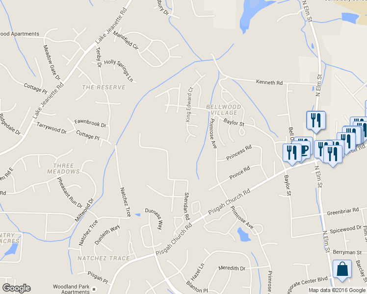 map of restaurants, bars, coffee shops, grocery stores, and more near 7 Stonehouse Court in Greensboro