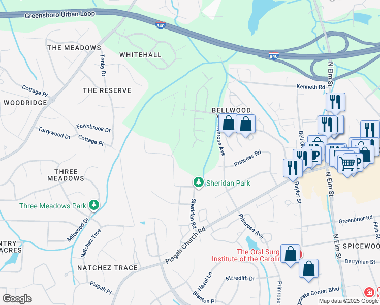 map of restaurants, bars, coffee shops, grocery stores, and more near 7 Stonehouse Court in Greensboro