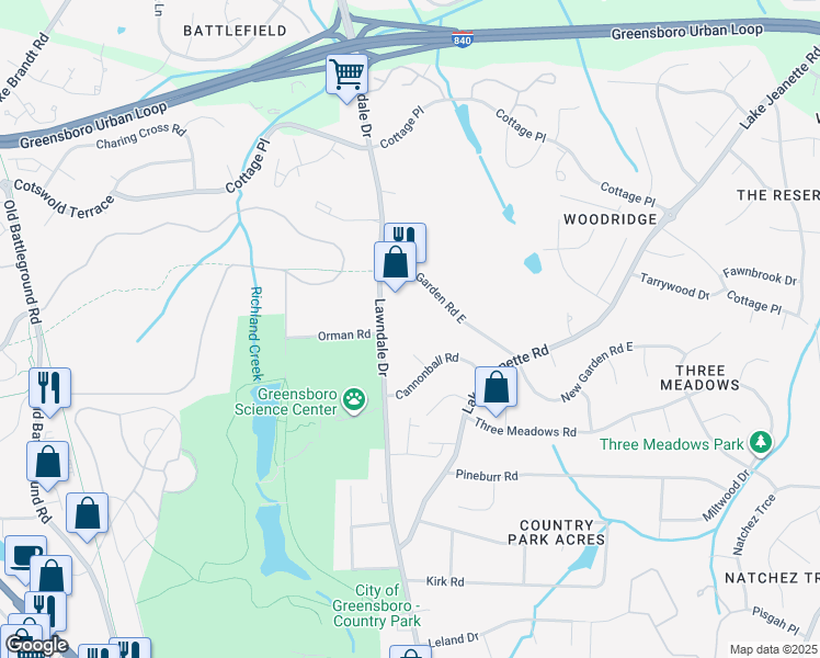 map of restaurants, bars, coffee shops, grocery stores, and more near 4400 Lawndale Drive in Greensboro