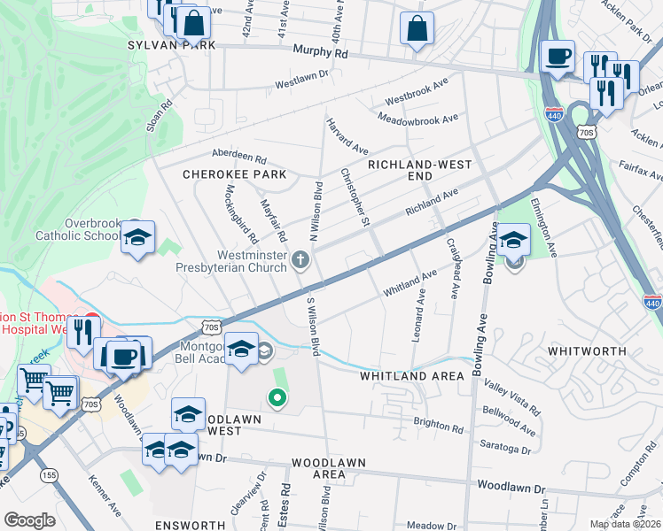 map of restaurants, bars, coffee shops, grocery stores, and more near 3818 West End Avenue in Nashville