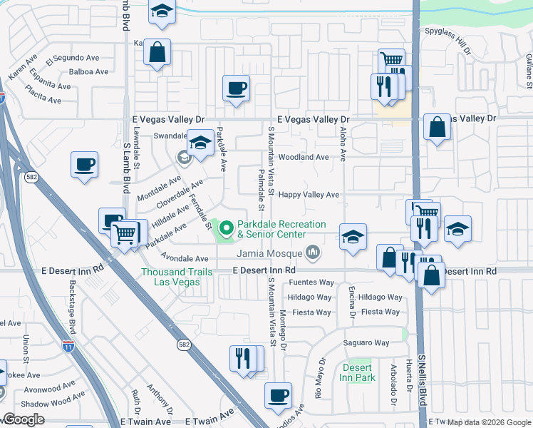 map of restaurants, bars, coffee shops, grocery stores, and more near 3158 Palmdale Street in Las Vegas