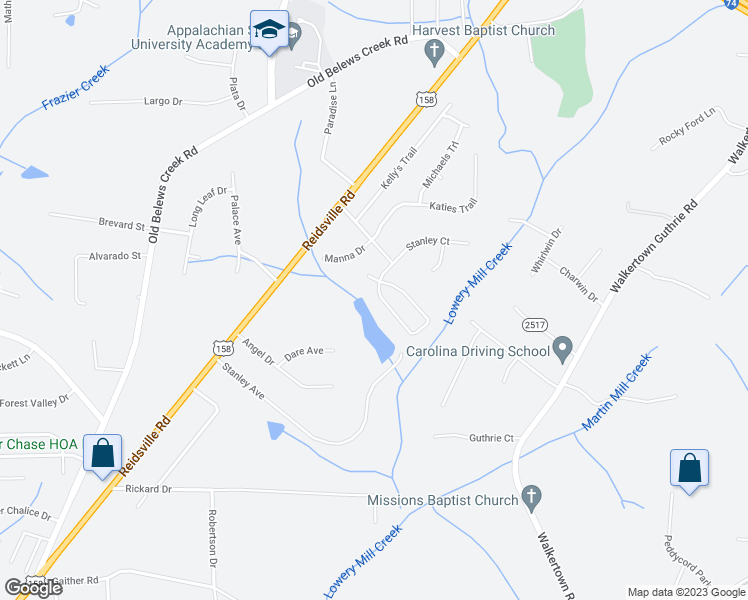 map of restaurants, bars, coffee shops, grocery stores, and more near 409 Spring Lake Farm Circle in Winston Salem