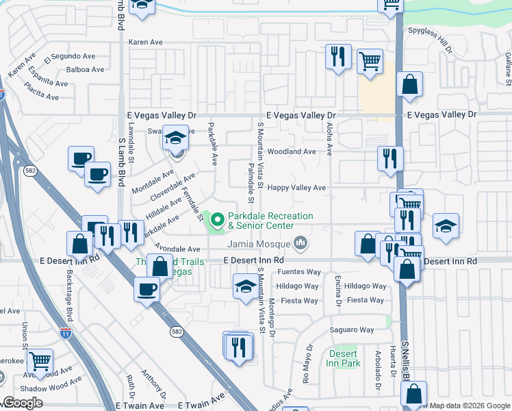 map of restaurants, bars, coffee shops, grocery stores, and more near 3158 Palmdale Street in Las Vegas