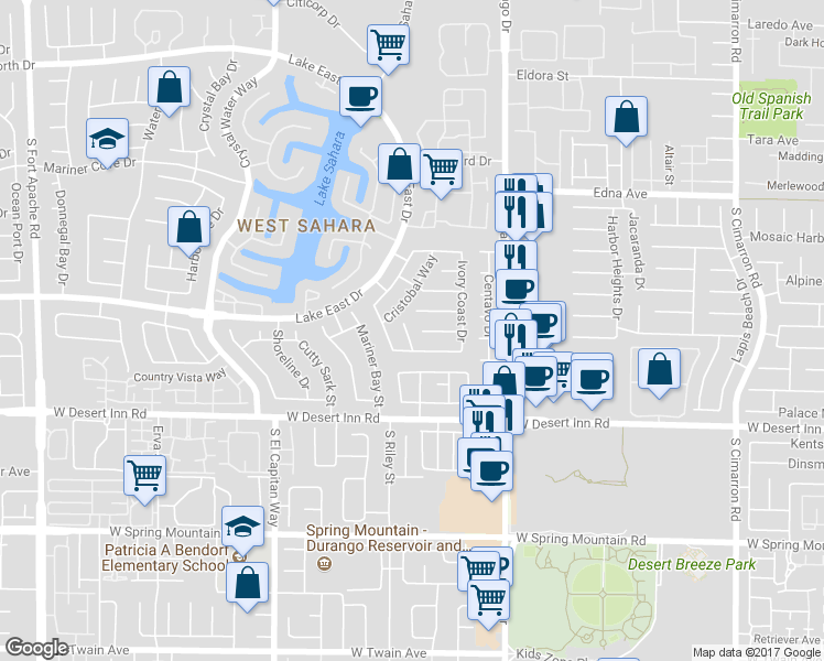 map of restaurants, bars, coffee shops, grocery stores, and more near 3224 Antilles Court in Las Vegas
