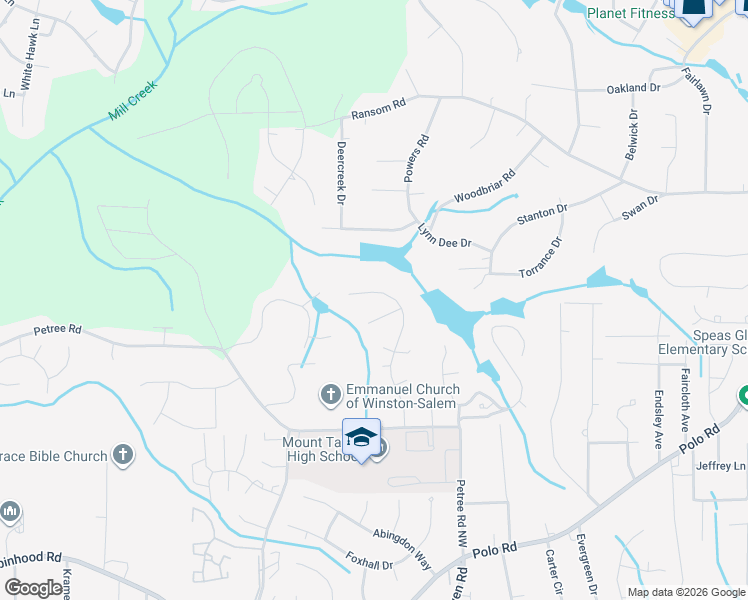map of restaurants, bars, coffee shops, grocery stores, and more near 312 Springwater Court in Winston-Salem