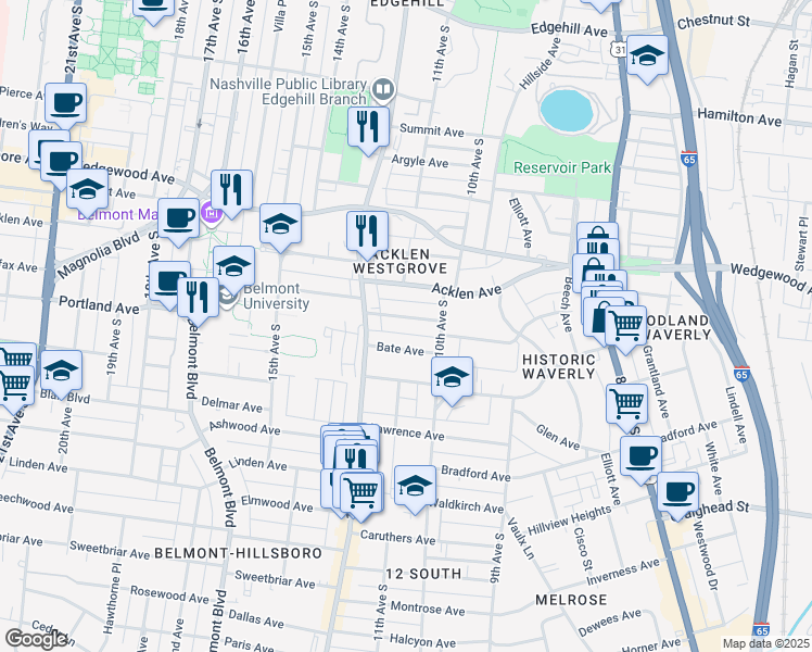 map of restaurants, bars, coffee shops, grocery stores, and more near 1018 Bate Avenue in Nashville