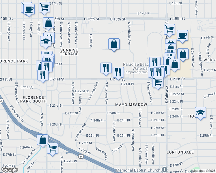 map of restaurants, bars, coffee shops, grocery stores, and more near 4109 East 22nd Street in Tulsa