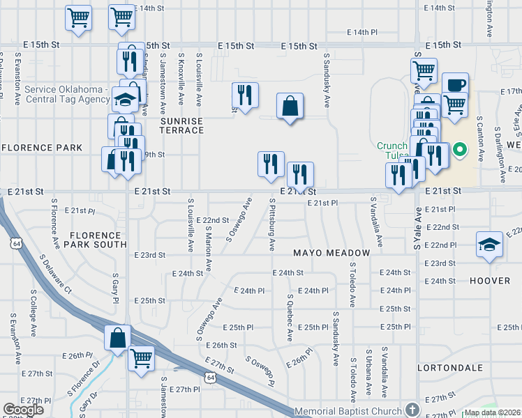 map of restaurants, bars, coffee shops, grocery stores, and more near 2140 South Oswego Place in Tulsa