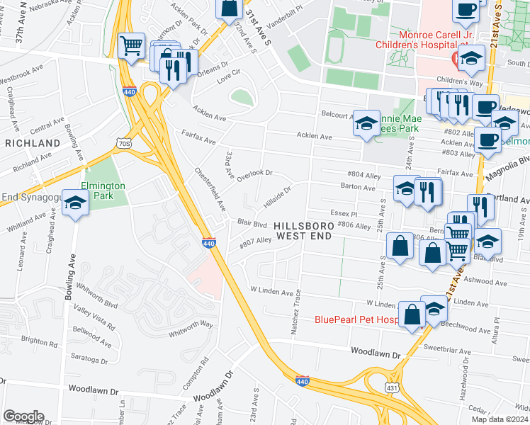 map of restaurants, bars, coffee shops, grocery stores, and more near 2827 Hillside Drive in Nashville