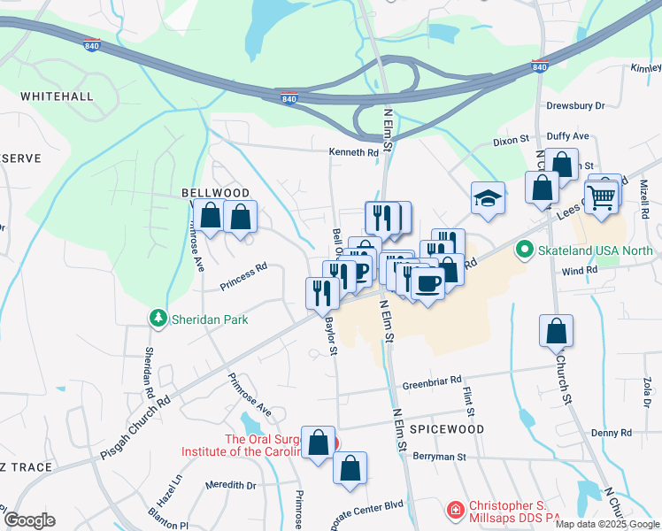 map of restaurants, bars, coffee shops, grocery stores, and more near 4100 Baylor Street in Greensboro