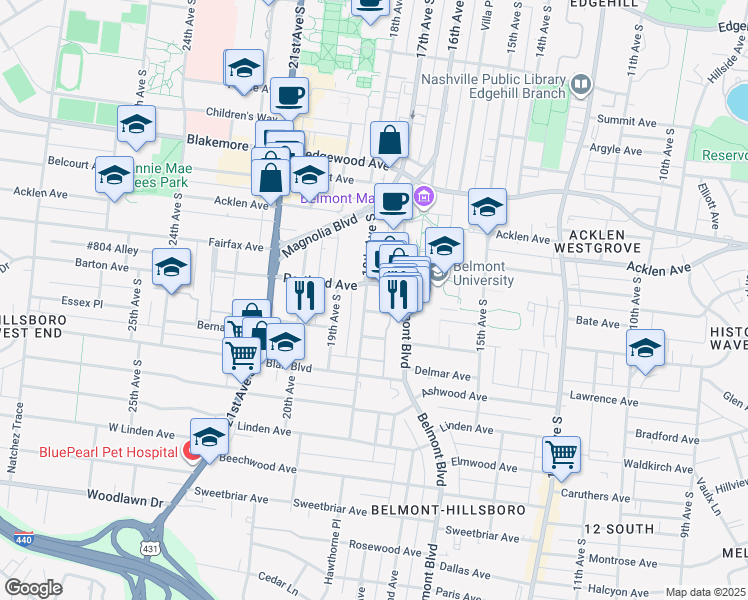 map of restaurants, bars, coffee shops, grocery stores, and more near 2013 18th Avenue South in Nashville