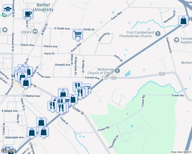 map of restaurants, bars, coffee shops, grocery stores, and more near 705 Forrest Avenue in McKenzie