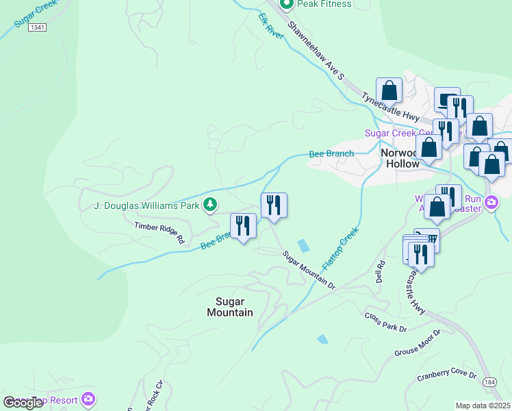 map of restaurants, bars, coffee shops, grocery stores, and more near Sugar Mountain Drive in Sugar Mountain