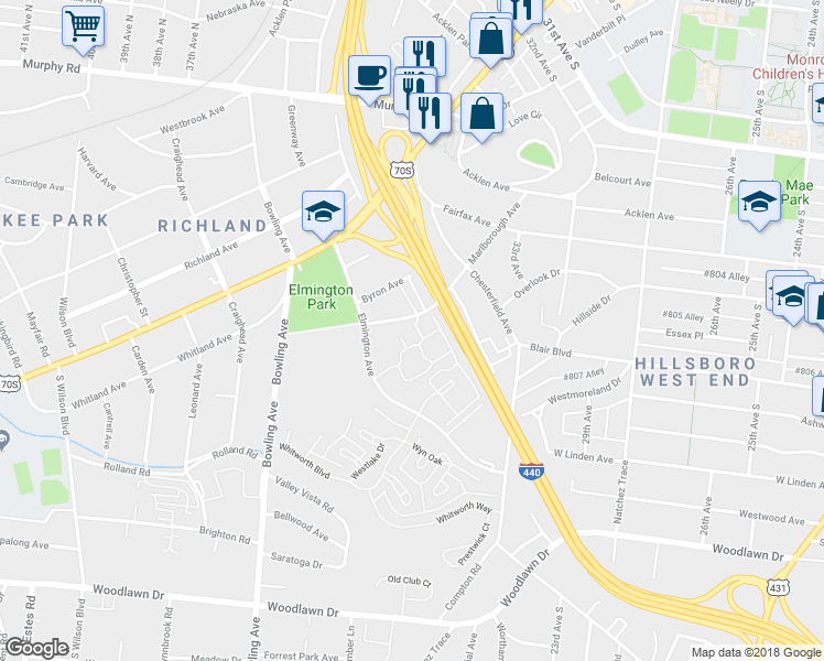 map of restaurants, bars, coffee shops, grocery stores, and more near 420 Elmington Avenue in Nashville