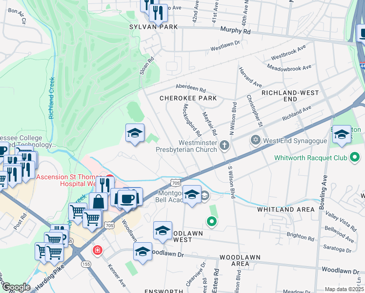 map of restaurants, bars, coffee shops, grocery stores, and more near 113 Lauderdale Road in Nashville
