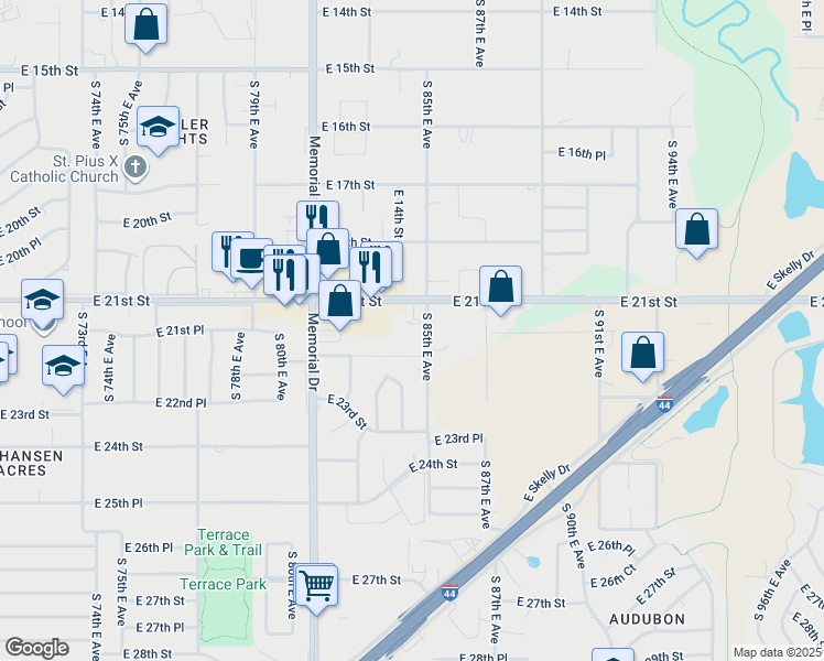 map of restaurants, bars, coffee shops, grocery stores, and more near 2154 South 85th East Avenue in Tulsa