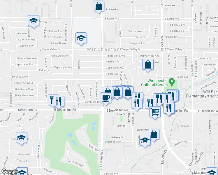 map of restaurants, bars, coffee shops, grocery stores, and more near 3163 Panocha Street in Las Vegas