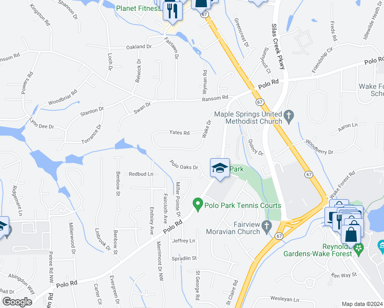 map of restaurants, bars, coffee shops, grocery stores, and more near 408 Wake Drive in Winston-Salem
