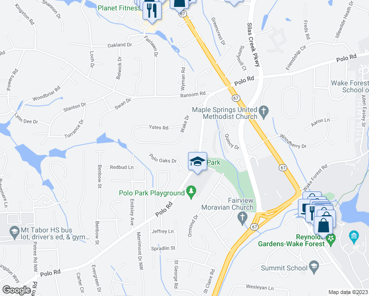 map of restaurants, bars, coffee shops, grocery stores, and more near 314 Wake Drive in Winston-Salem