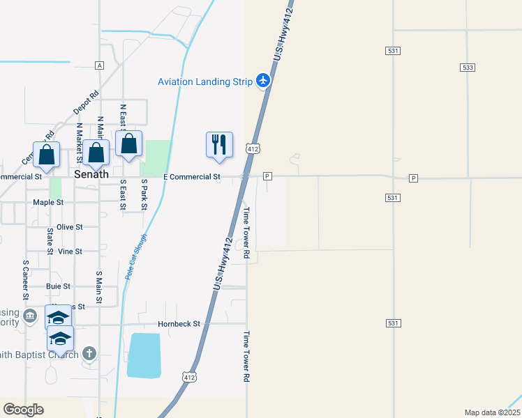map of restaurants, bars, coffee shops, grocery stores, and more near Time Tower Road in Senath