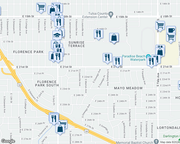 map of restaurants, bars, coffee shops, grocery stores, and more near 3816 East 21st Place in Tulsa