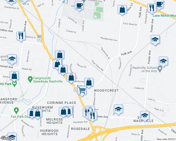 map of restaurants, bars, coffee shops, grocery stores, and more near 334 Woodycrest Avenue in Nashville
