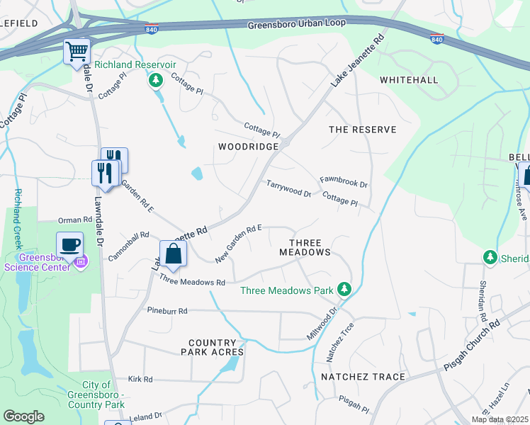 map of restaurants, bars, coffee shops, grocery stores, and more near 4614 Lake Jeanette Road in Greensboro