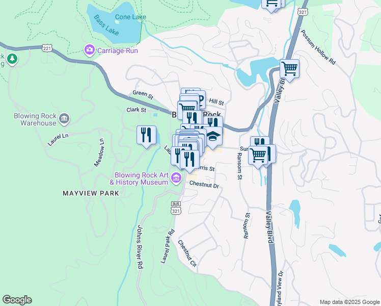map of restaurants, bars, coffee shops, grocery stores, and more near 1085 Main Street in Blowing Rock