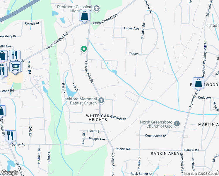 map of restaurants, bars, coffee shops, grocery stores, and more near 1500 Lankford Street in Greensboro