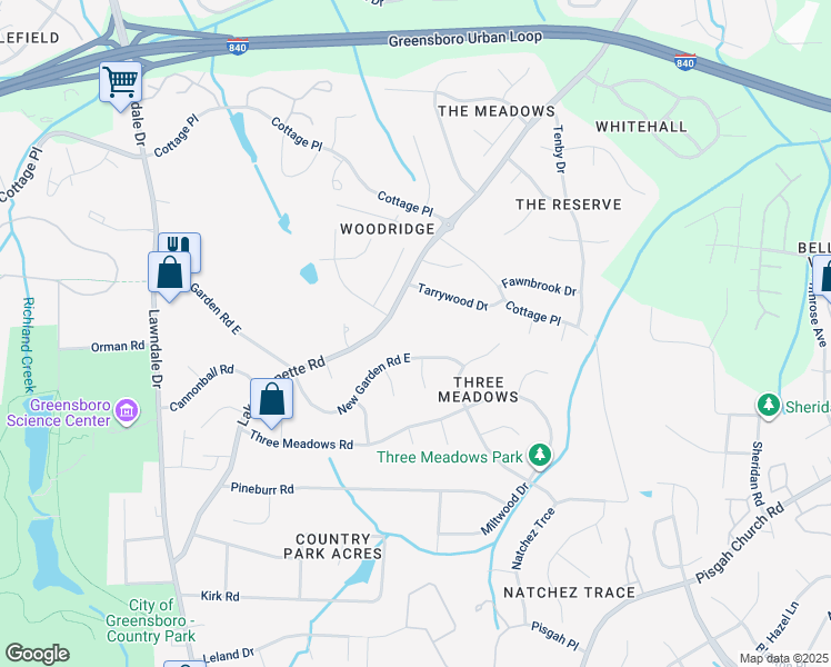 map of restaurants, bars, coffee shops, grocery stores, and more near 4614 Lake Jeanette Road in Greensboro