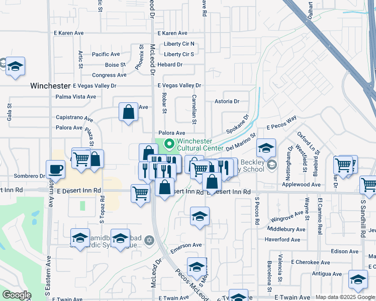 map of restaurants, bars, coffee shops, grocery stores, and more near 3135 South Mojave Road in Las Vegas